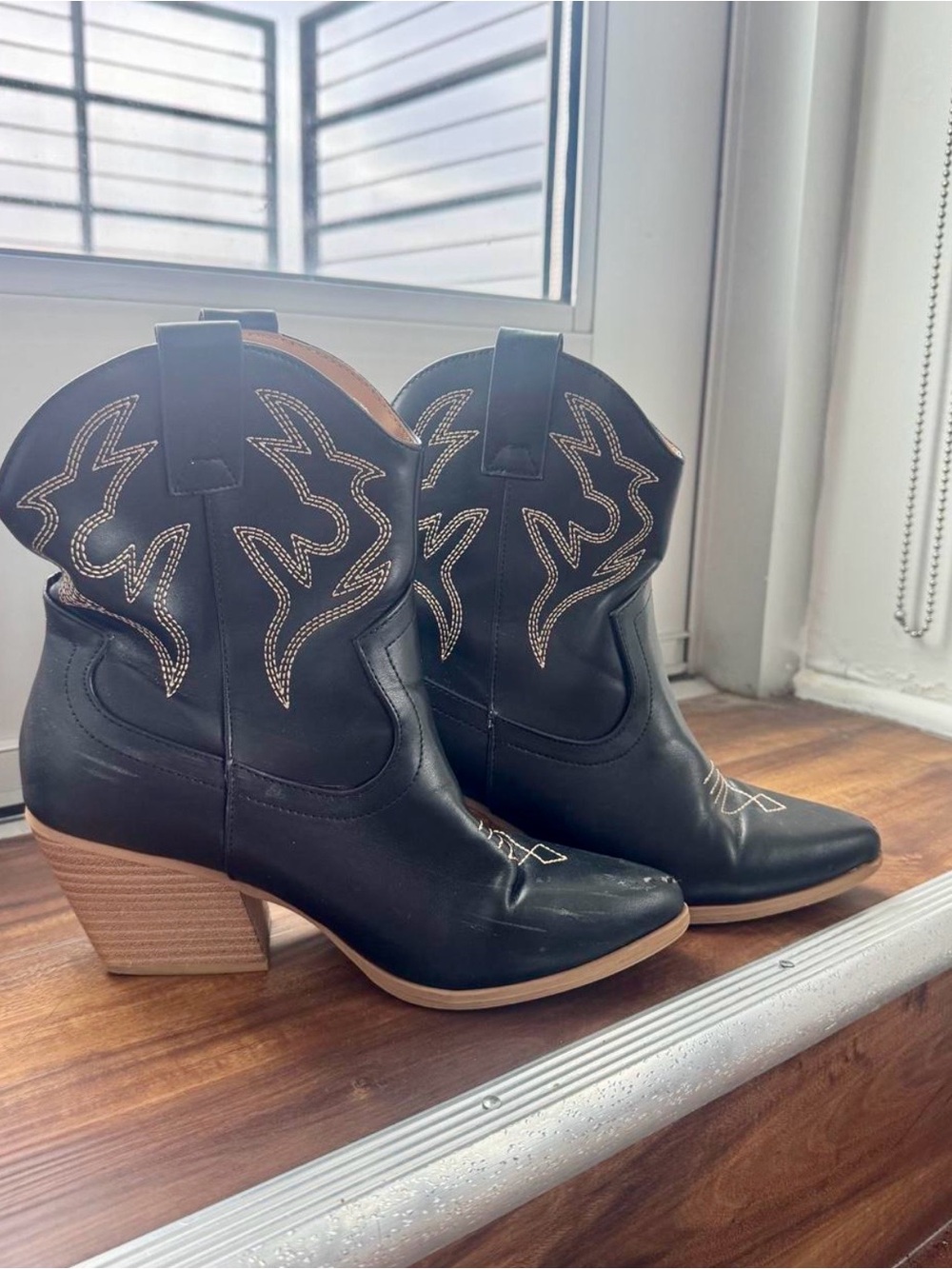 Soda Black Western Ankle Booties with Tan Heel